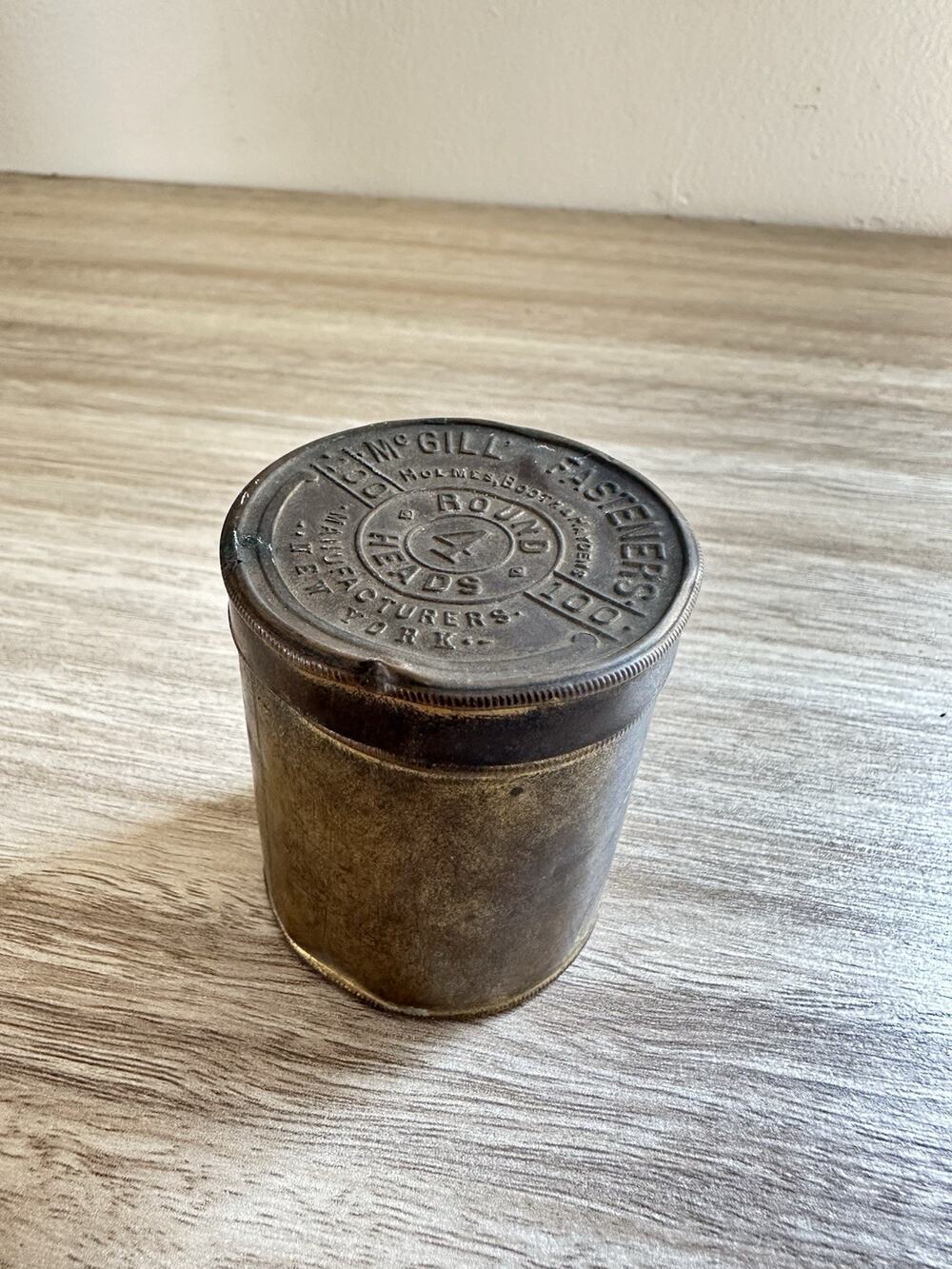 Antique McGill Fasteners Round Heads Brass Advertising Tin Container New York